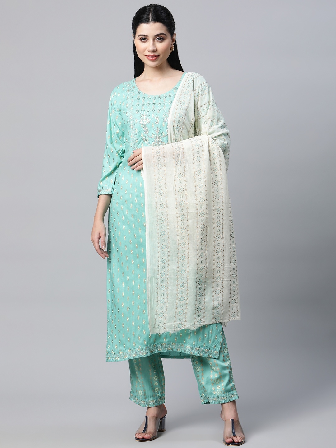

mokshi Women Green & Golden Ethnic Printed Mirror Work Kurta with Trousers & With Dupatta