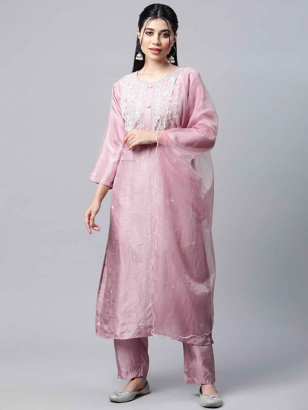 

mokshi Women Pink Ethnic Motifs Yoke Design Chanderi Silk Kurta with Palazzos & Dupatta