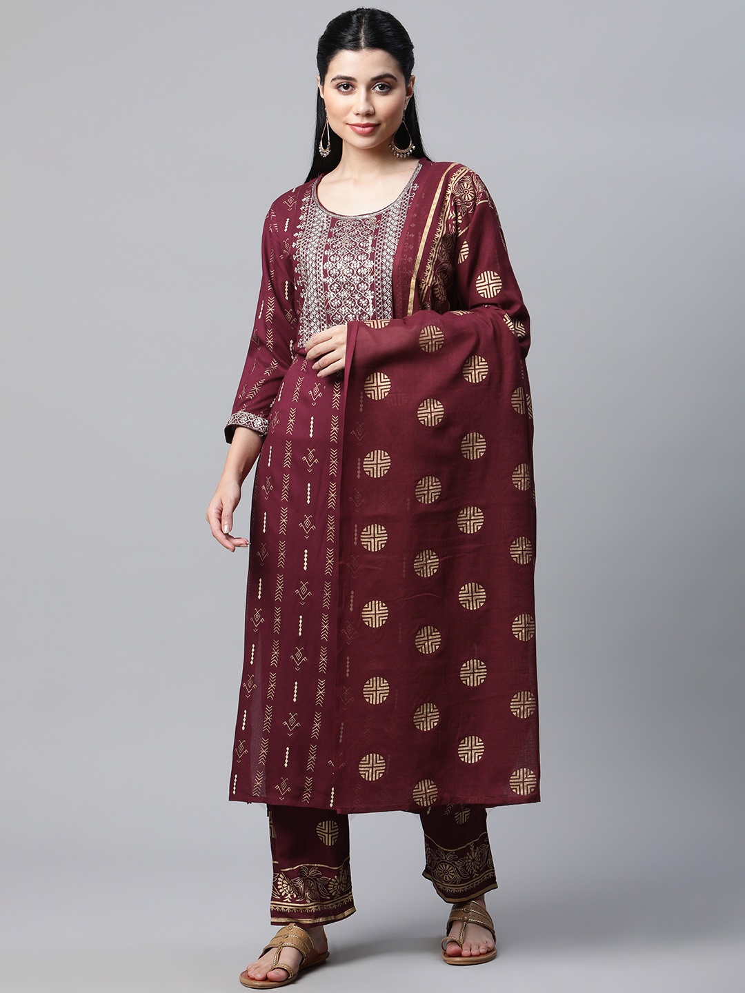 

mokshi Women Maroon & Golden Ethnic Motifs Printed Kurta with Palazzos & With Dupatta