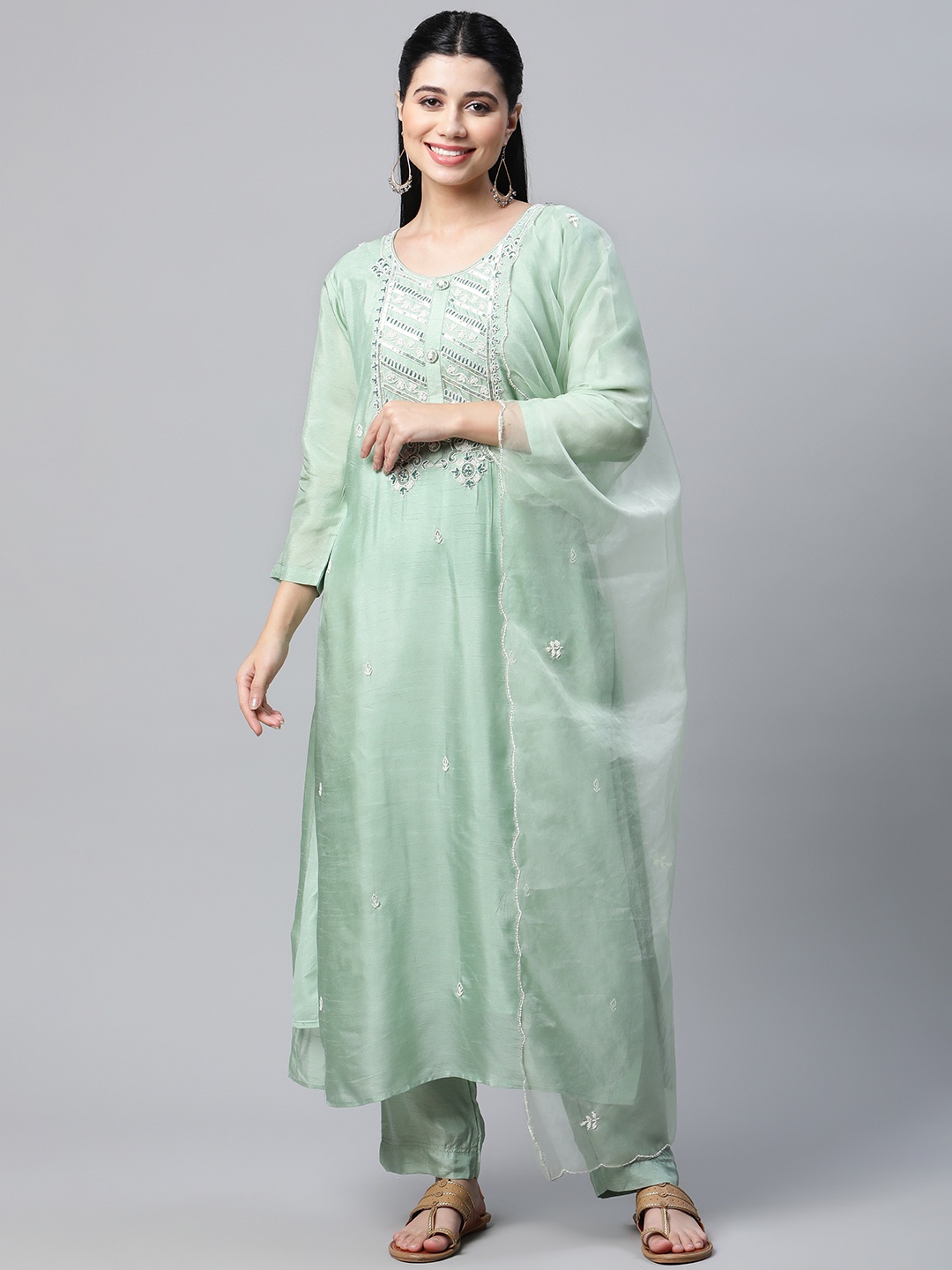 

mokshi Women Green Ethnic Motifs Yoke Design Chanderi Silk Kurta with Palazzos & Dupatta