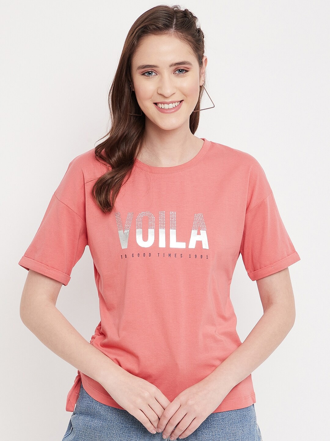 

Octave Women Peach-Coloured Typography Printed Cotton T-shirt