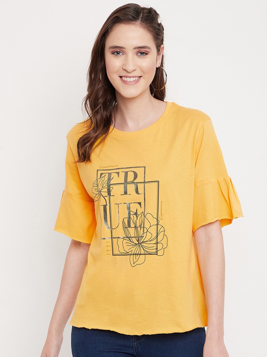 

Octave Women Yellow Typography Printed Drop-Shoulder Sleeves T-shirt