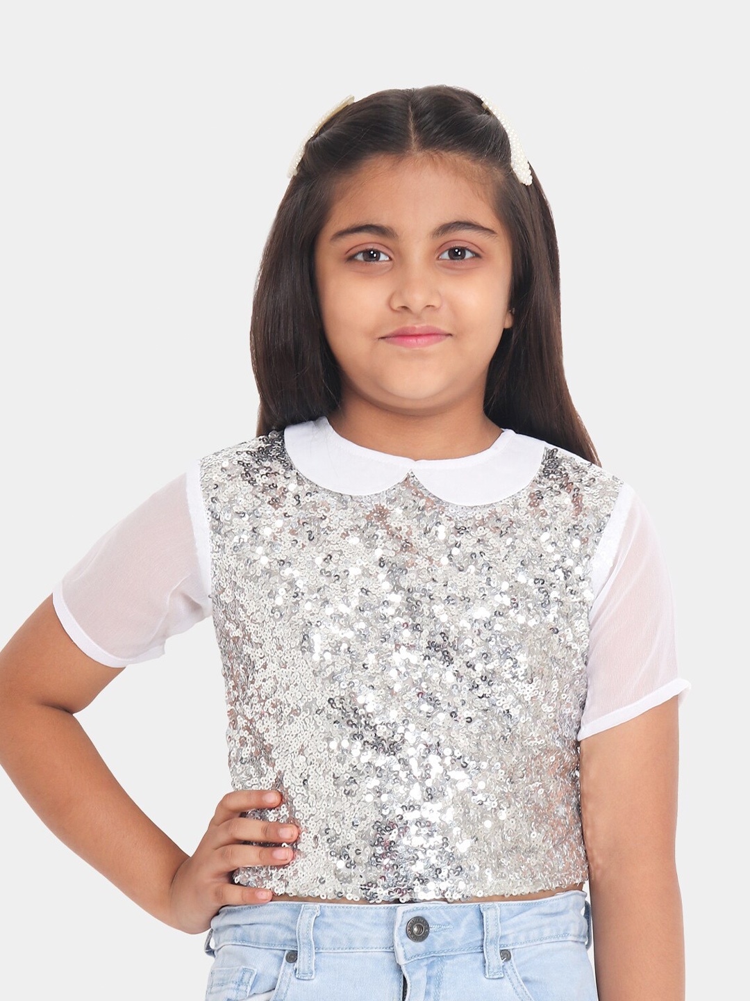 

YK Girls Silver All Over Sequin Embellished Peter Pan Collar Party Top