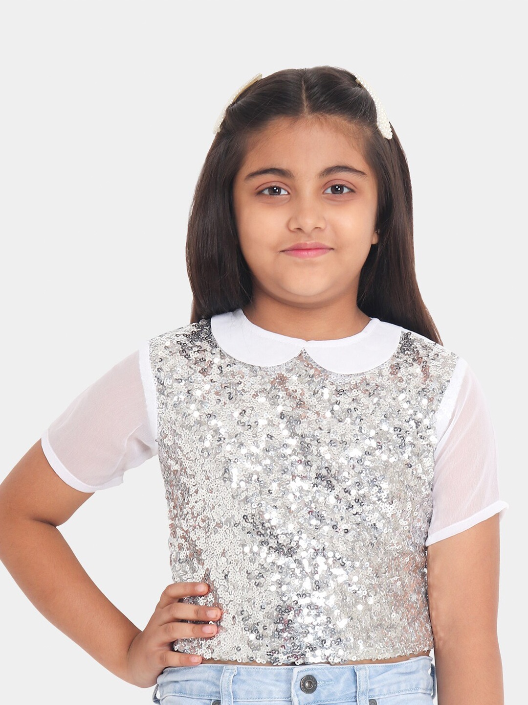 

YK Girls Silver All Over Sequin Embellished Peter Pan Collar Party Top