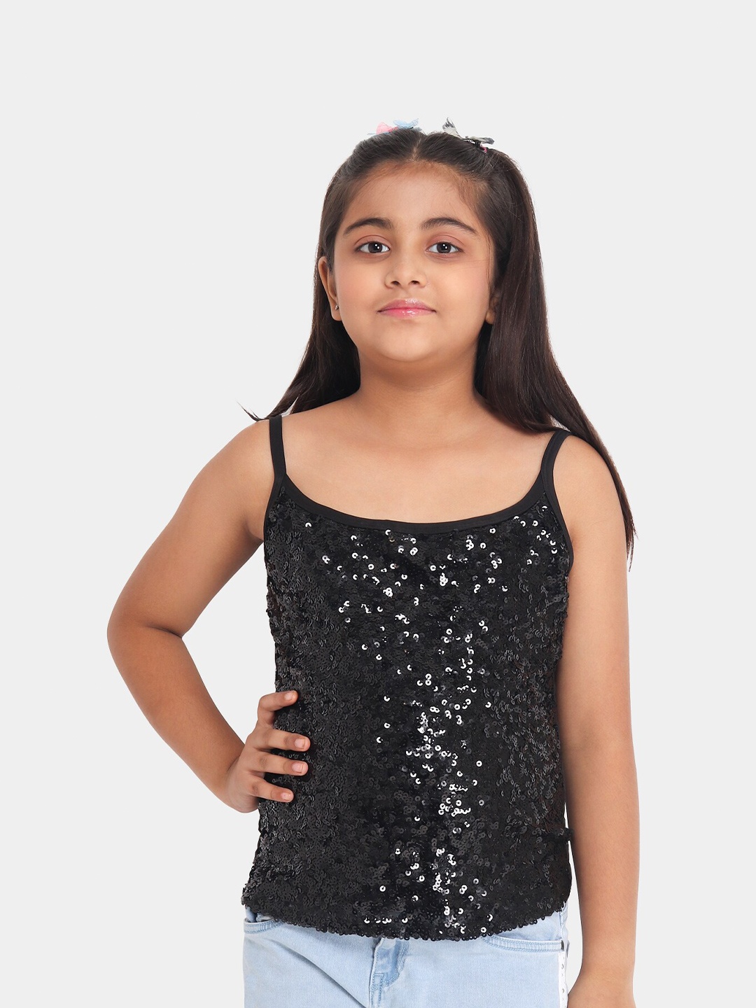 

YK Girls All over Sequin Spaghetti Top, Black