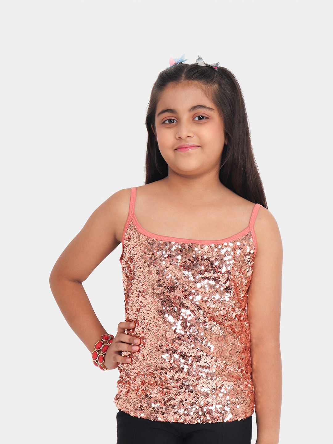 

YK Girls Rose Gold All over Sequin Spaghetti Top, Beige