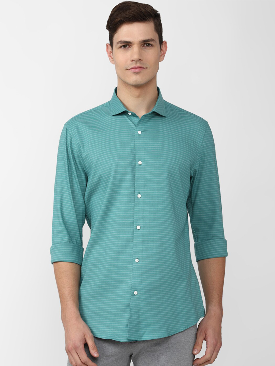 

Peter England Men Green Slim Fit Horizontal Stripes Striped Formal Shirt