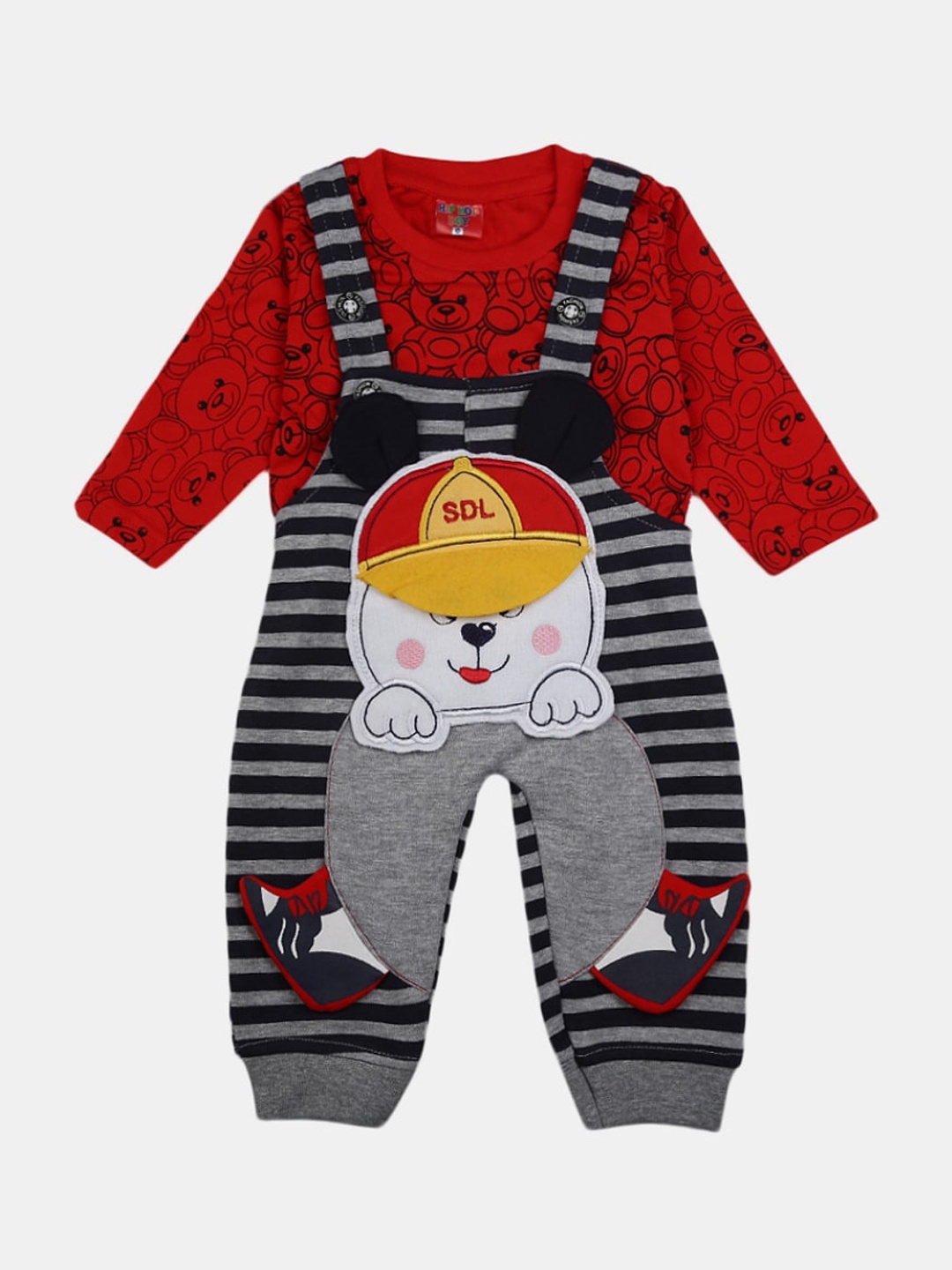 

V-Mart Kids Red & Black Printed Pure Cotton T-shirt with Trousers