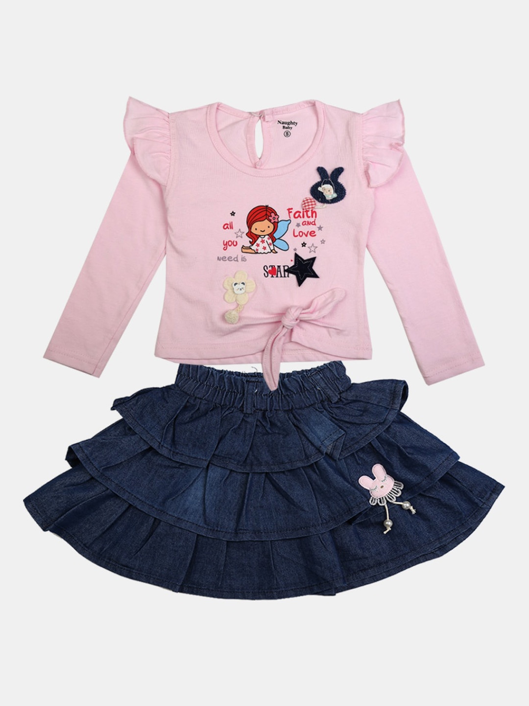 

V-Mart Girls Pink & Blue Printed T-shirt with Skirt