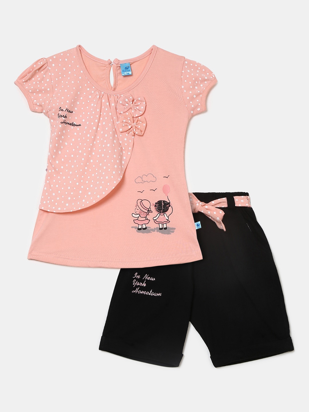 

V-Mart Unisex Kids Peach-Coloured & Black Printed T-shirt with Shorts