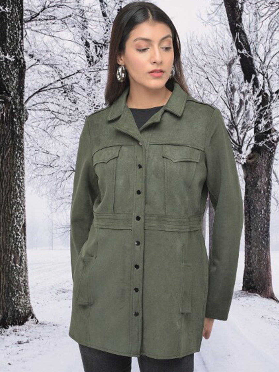 

Latin Quarters Women Green Washed Longline Tailored Jacket