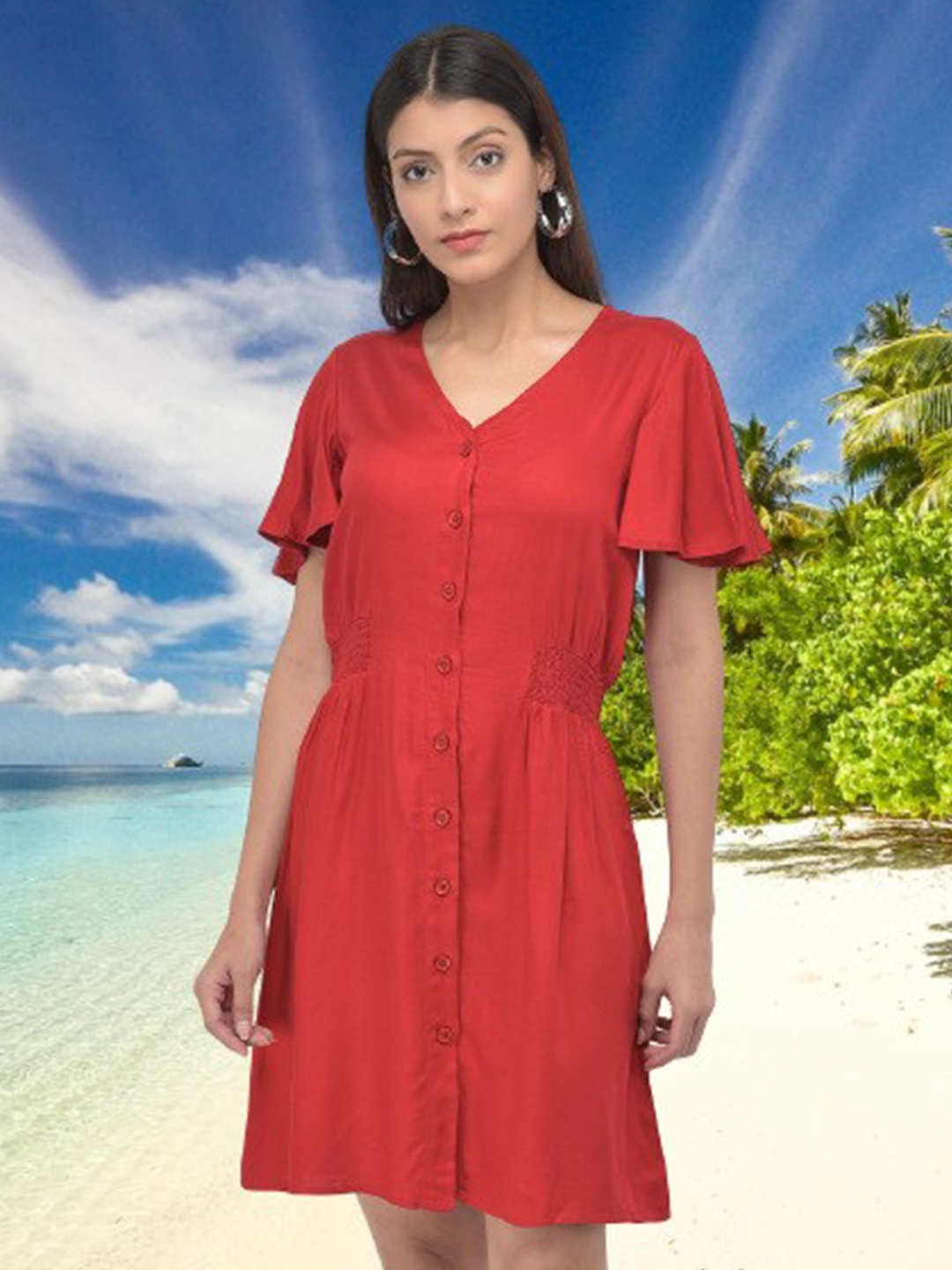 

Latin Quarters Red Solid Short Sleeves Dress