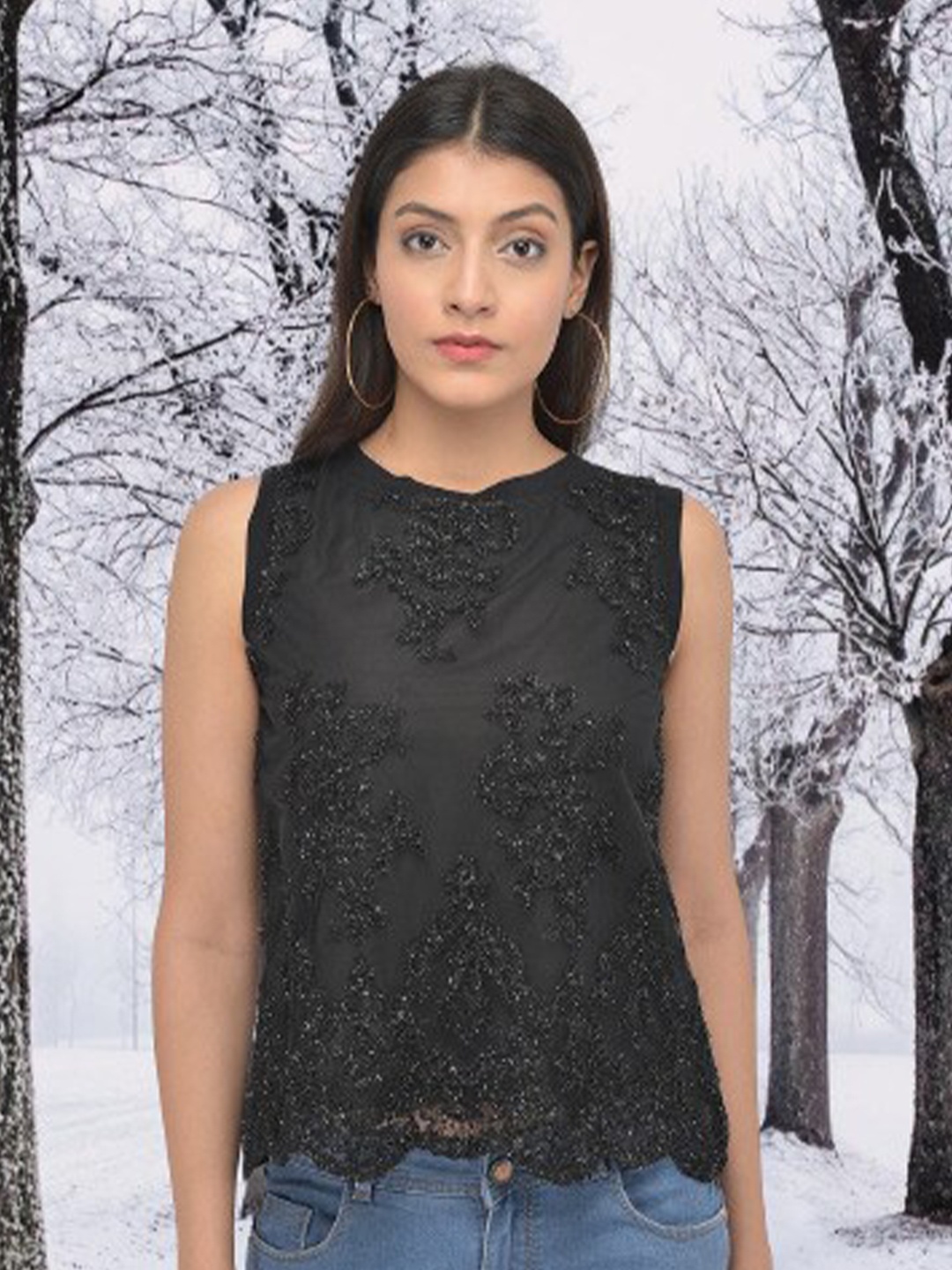 

Latin Quarters Floral Styled Back Sleeveless Top, Black