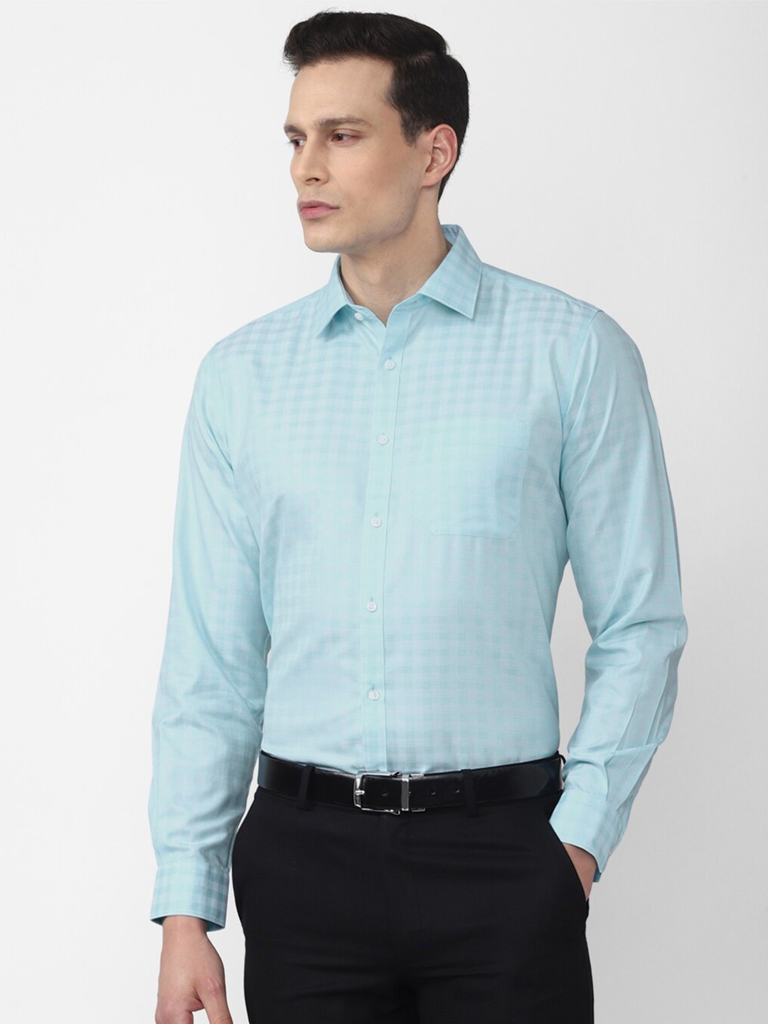 

Van Heusen Men Blue Grid Tattersall Cotton Checked Formal Shirt
