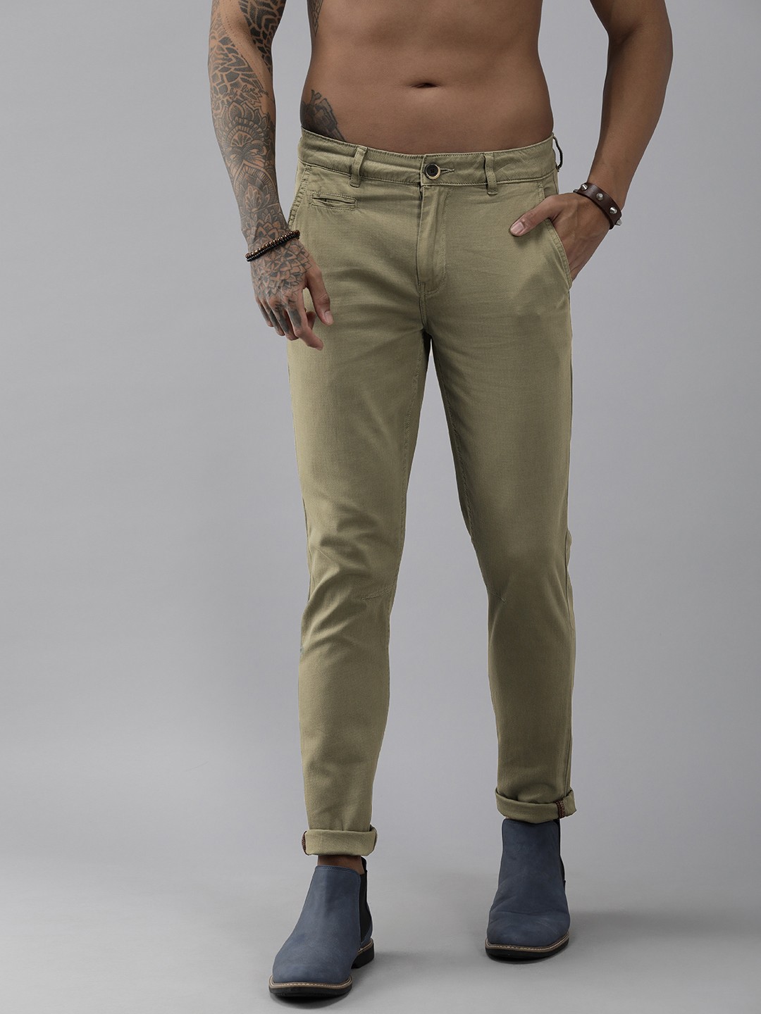 

Roadster Men Light Green Slim Fit Regular Trousers