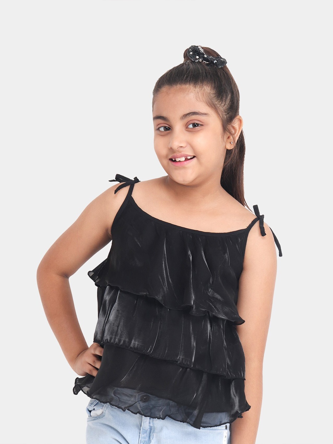 

YK Girls Black Layered Glass Organza Tiered Top