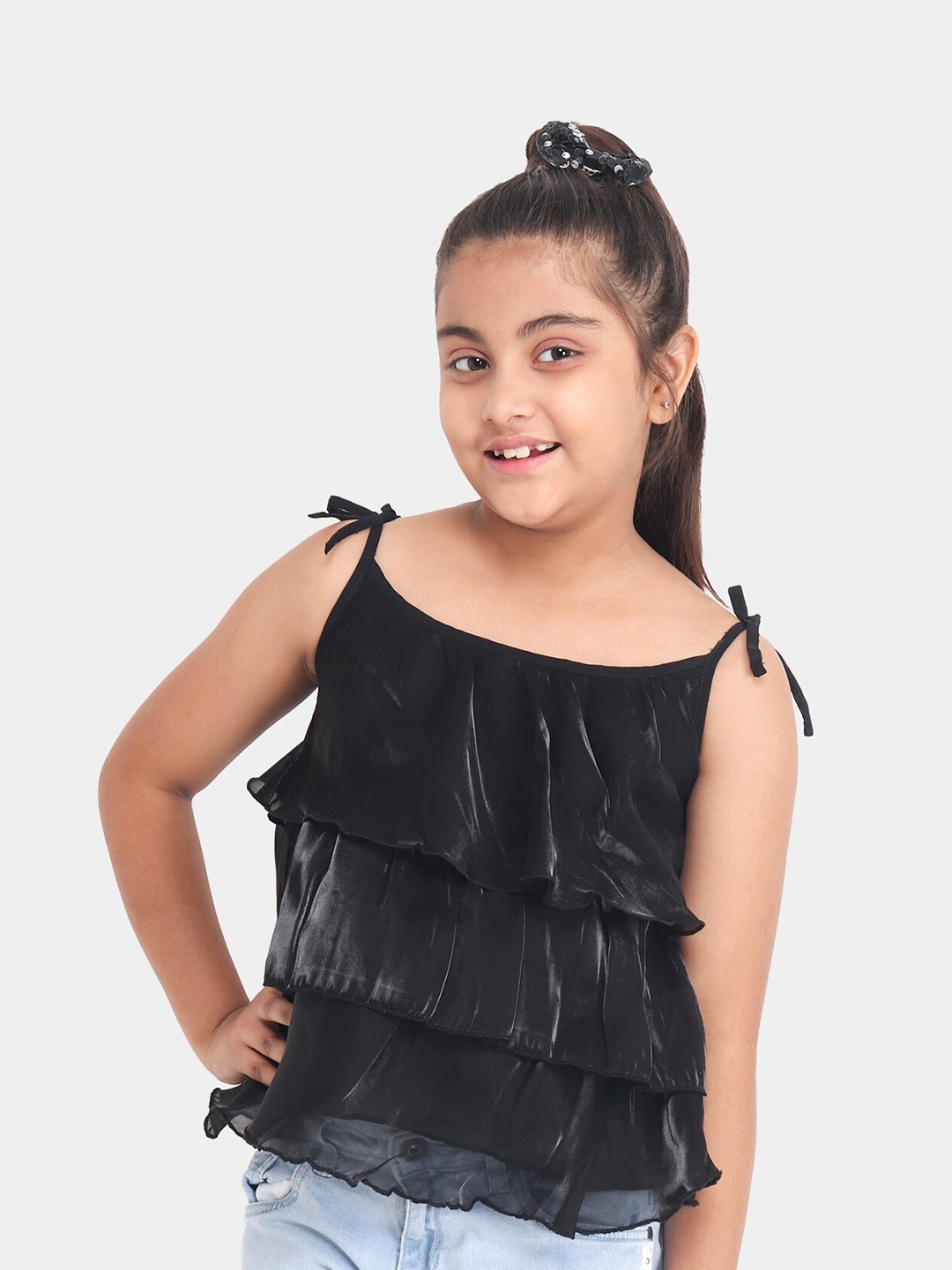 

YK Girls Black Glass Organza Layered Tiered Top