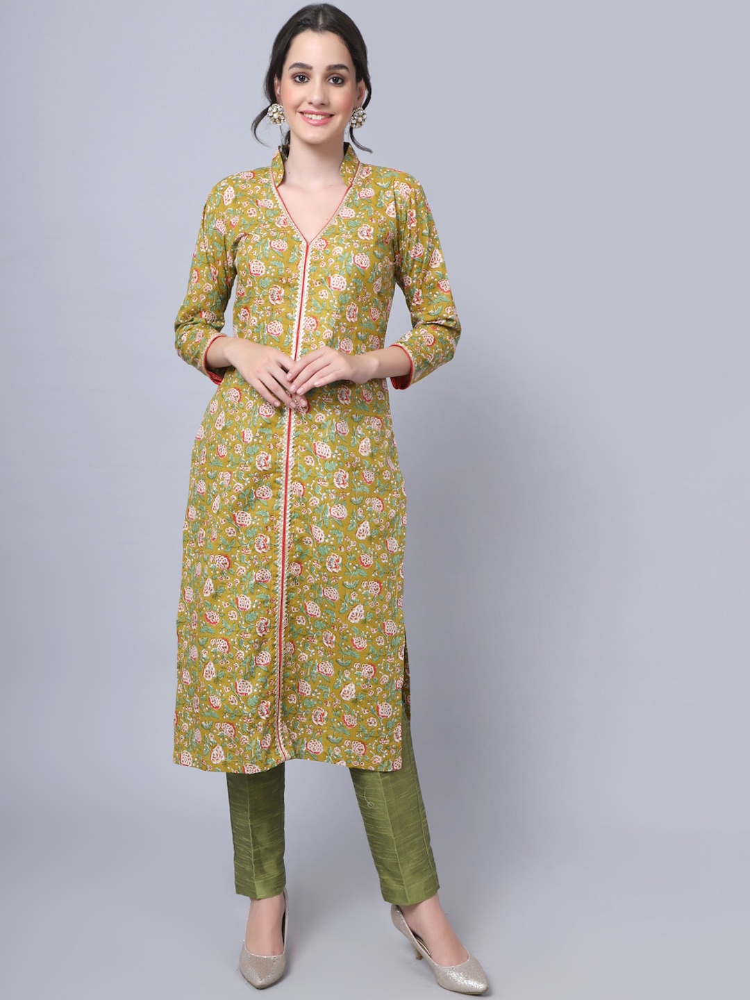 

anokherang Women Green & Red Floral Printed Gotta Patti Kurta