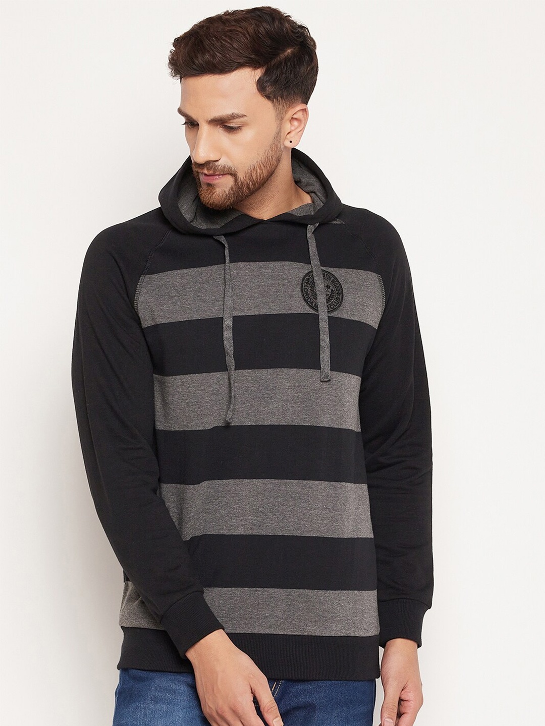 

Austin wood Men Black Striped Hooded Sweatshirt