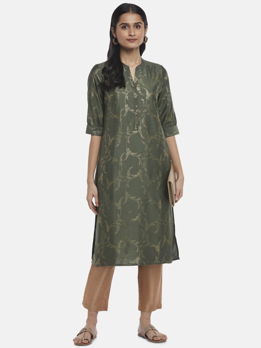 

RANGMANCH BY PANTALOONS Women Olive Green & Gold Printed Straight Kurta