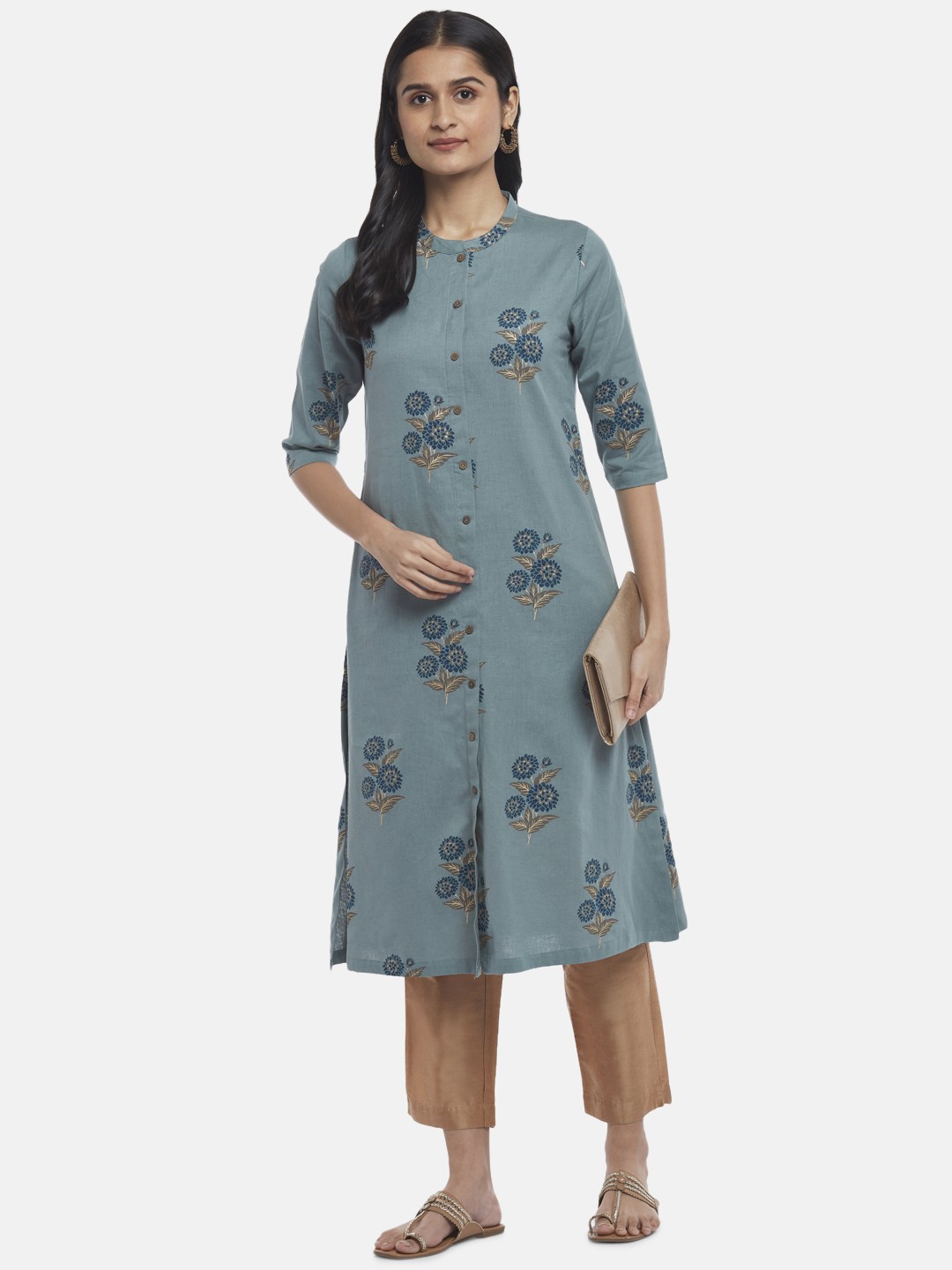 

RANGMANCH BY PANTALOONS Women Blue Floral Print Mandarin Collar Cotton Kurta