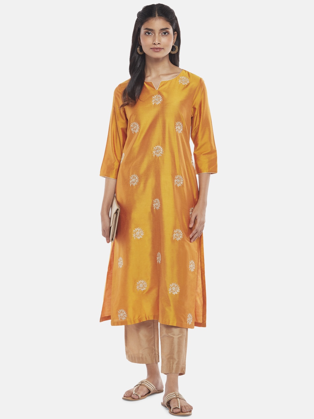 

RANGMANCH BY PANTALOONS Women Mustard Yellow Ethnic Motifs Embellished Keyhole Neck Thread Work Kurta