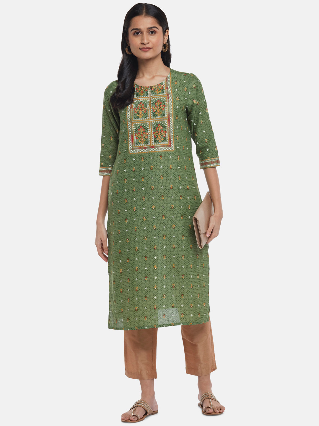 

RANGMANCH BY PANTALOONS Women Olive Green & Yellow Floral Kurta