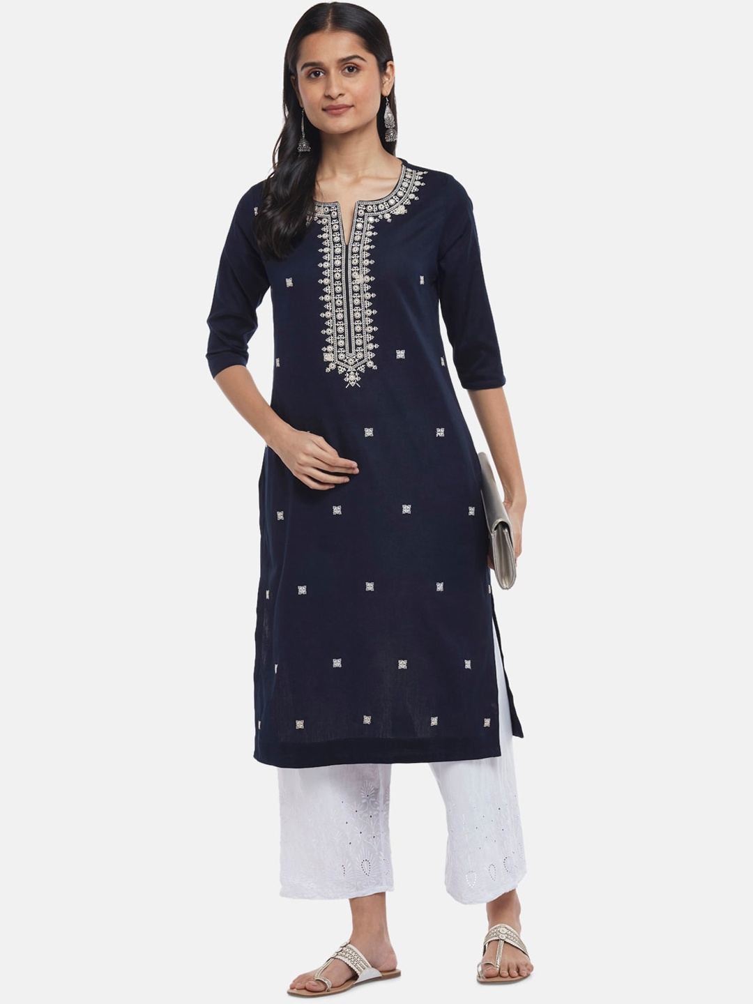 

RANGMANCH BY PANTALOONS Women Navy Blue Geometric Embroidered Thread Work Kurta