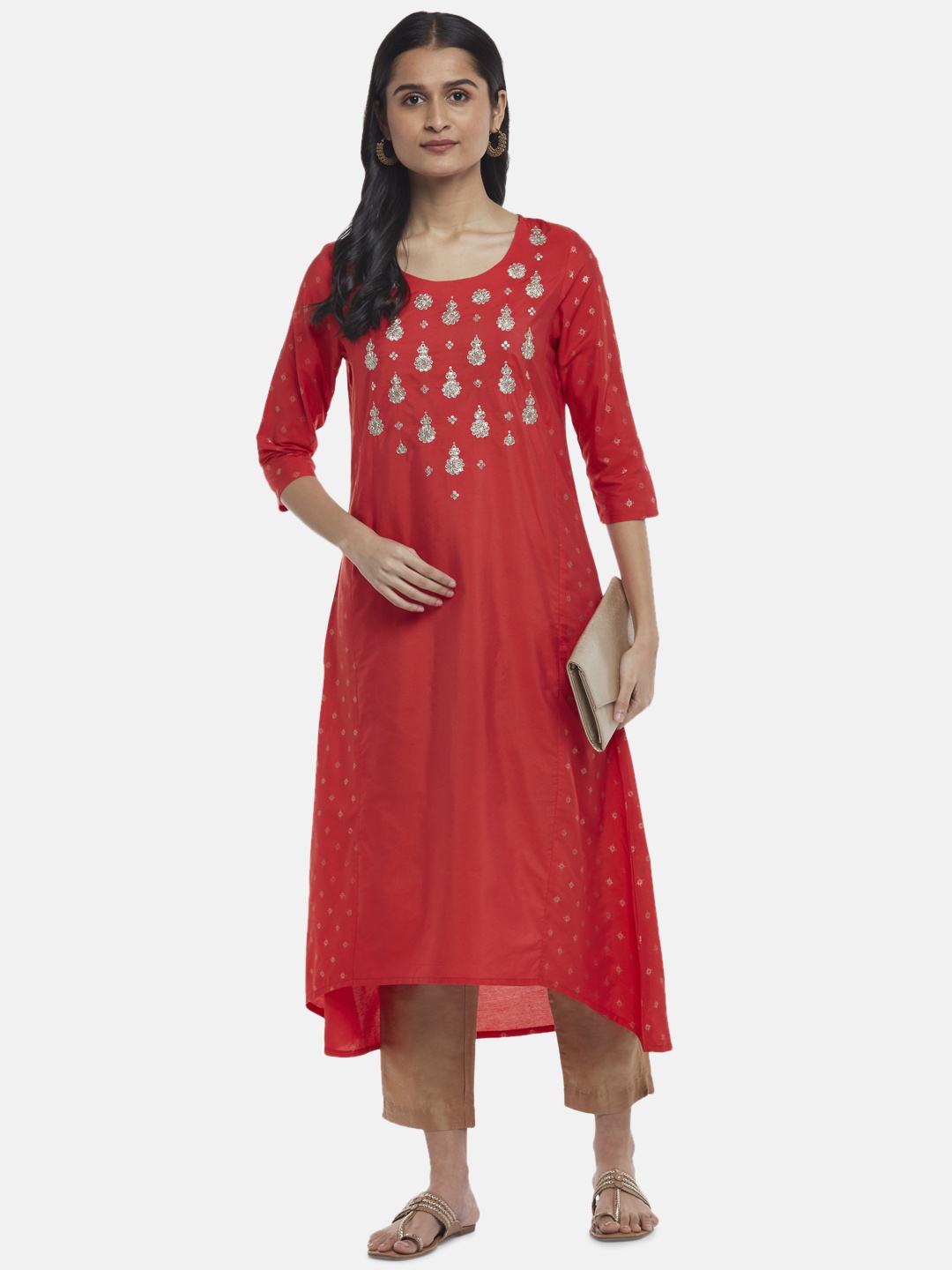 

RANGMANCH BY PANTALOONS Women Coral Floral Embroidered Kurta