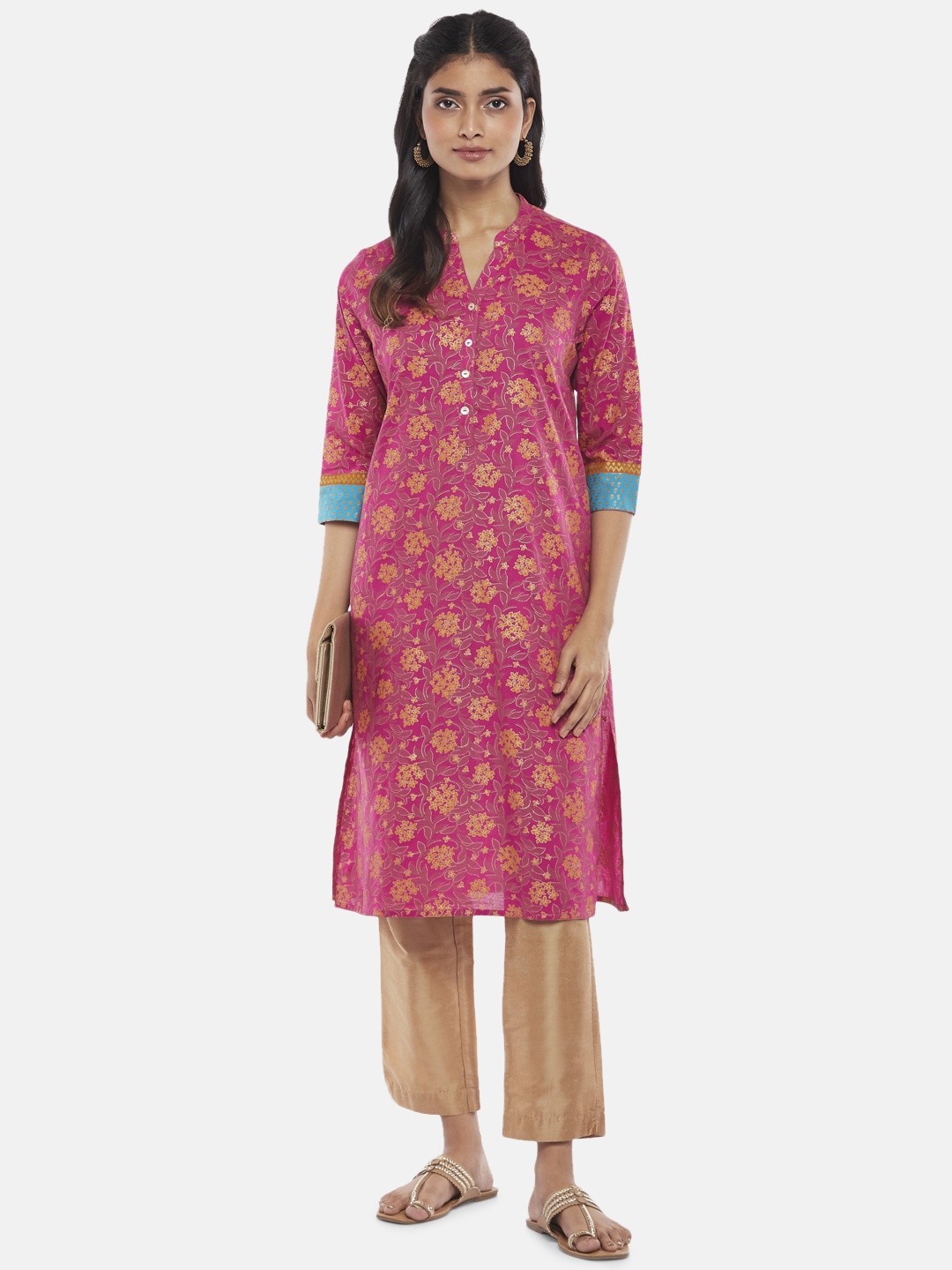 

RANGMANCH BY PANTALOONS Women Pink & Yellow Floral Printed Kurta