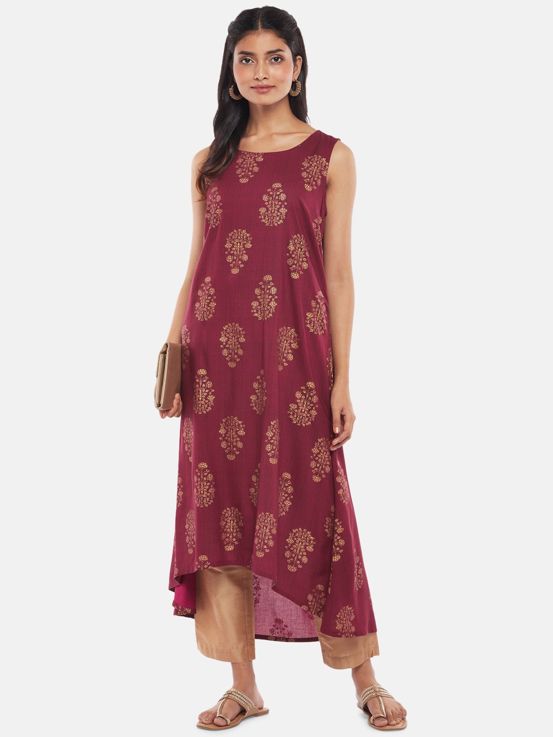 

RANGMANCH BY PANTALOONS Women Magenta & Gold-Toned Floral Printed Kurta