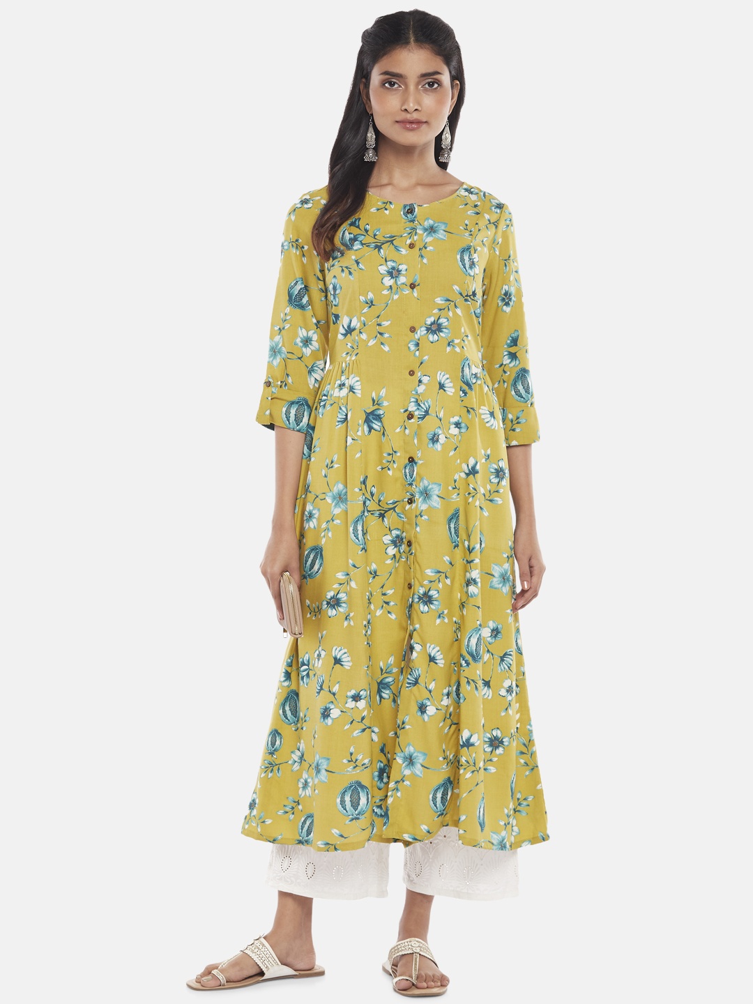 

RANGMANCH BY PANTALOONS Women Mustard Yellow Floral Printed Kurta