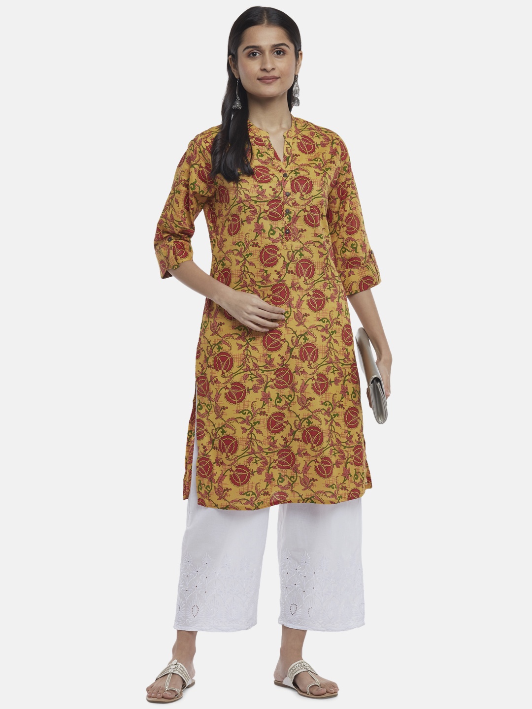 

RANGMANCH BY PANTALOONS Women Mustard Yellow Floral Printed Kurta