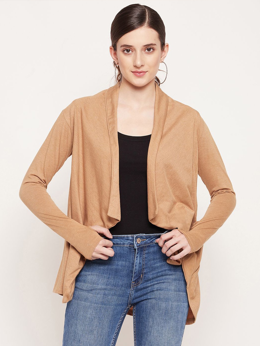 

Hypernation Women Khaki Solid Cotton Shrug