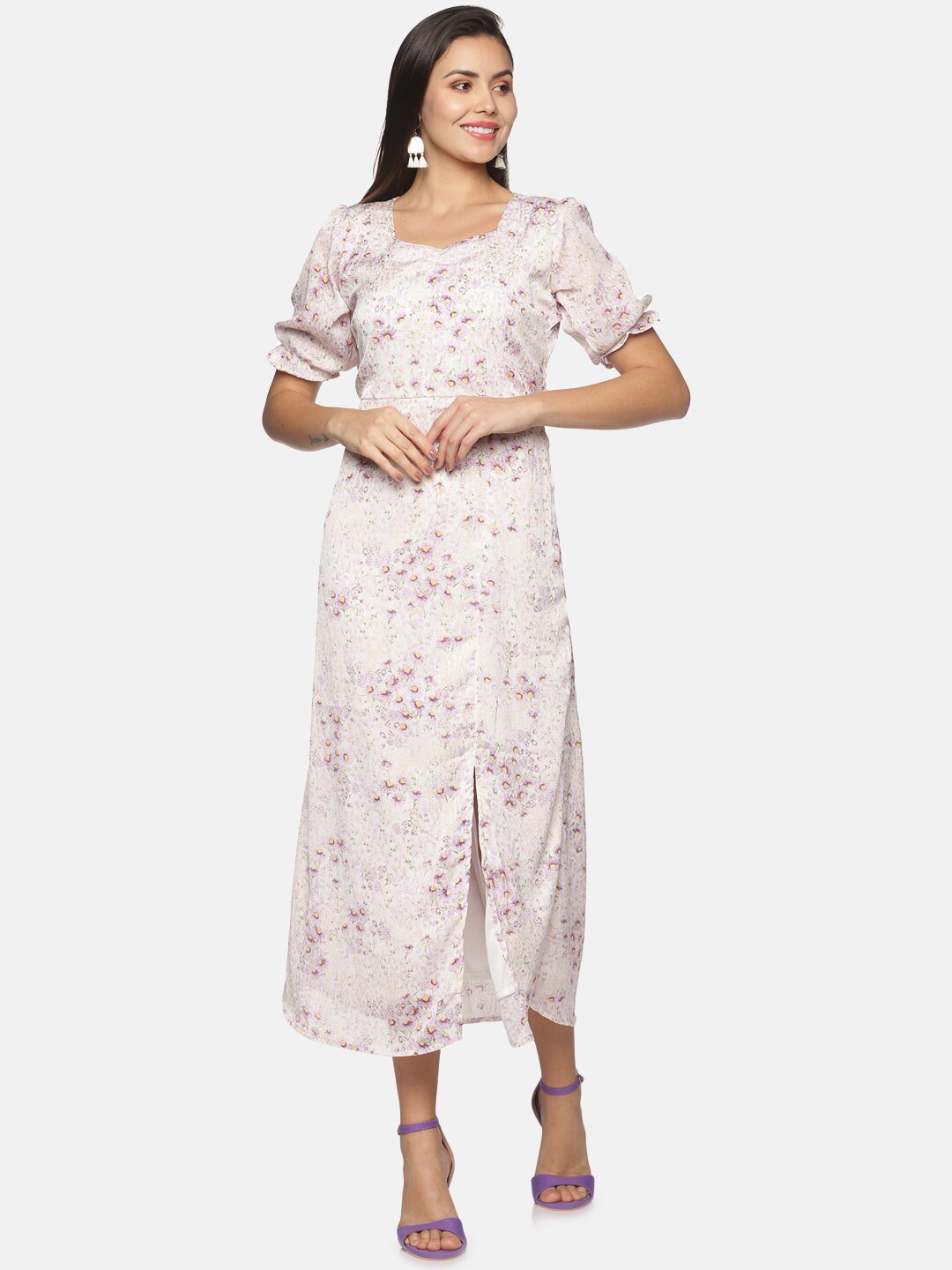 

GLORY & I White & Purple Floral Chiffon Midi Dress