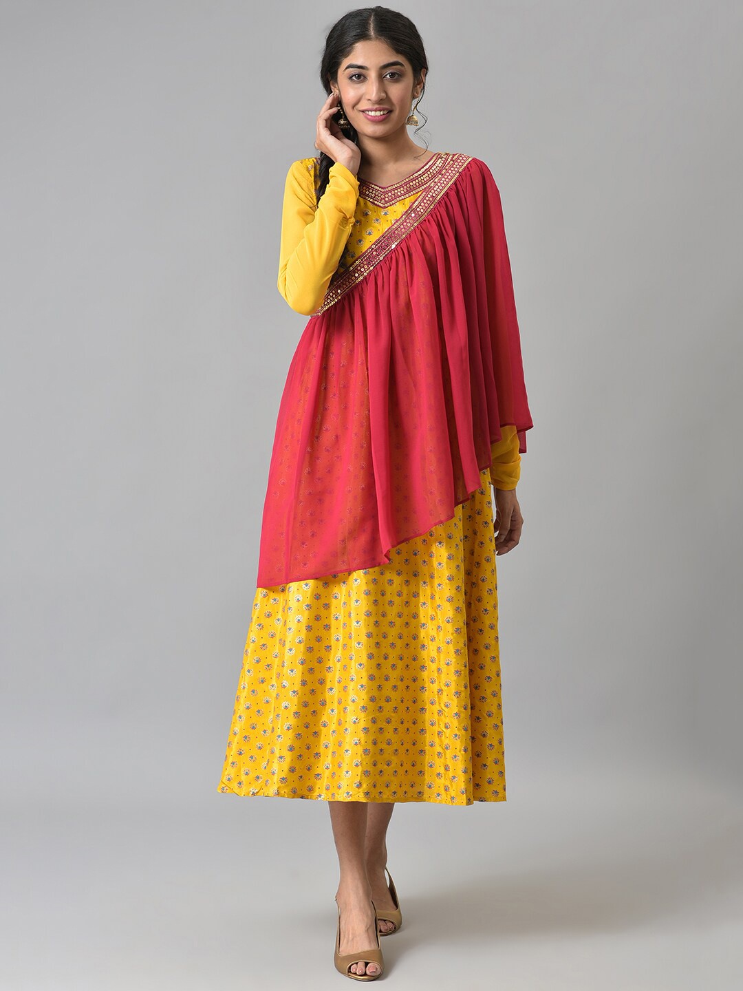 

AURELIA Yellow & Red Ethnic Motifs A-Line Midi Dress