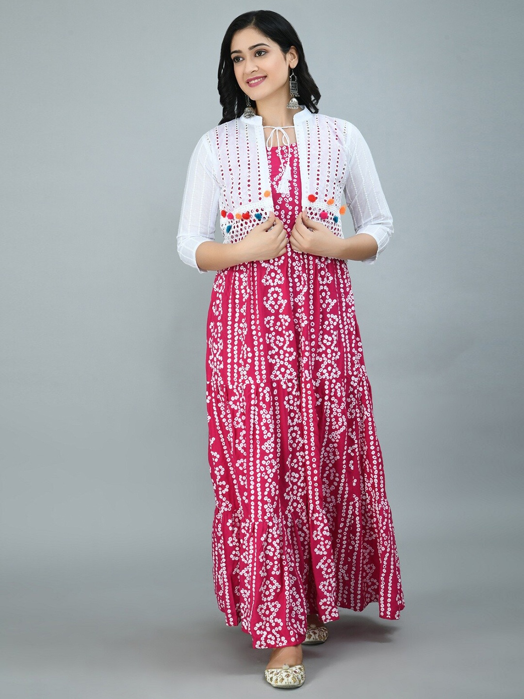 

Queenswear Creation Women Pink & White Bandhani Printed Anarkali Kurta & Jacket