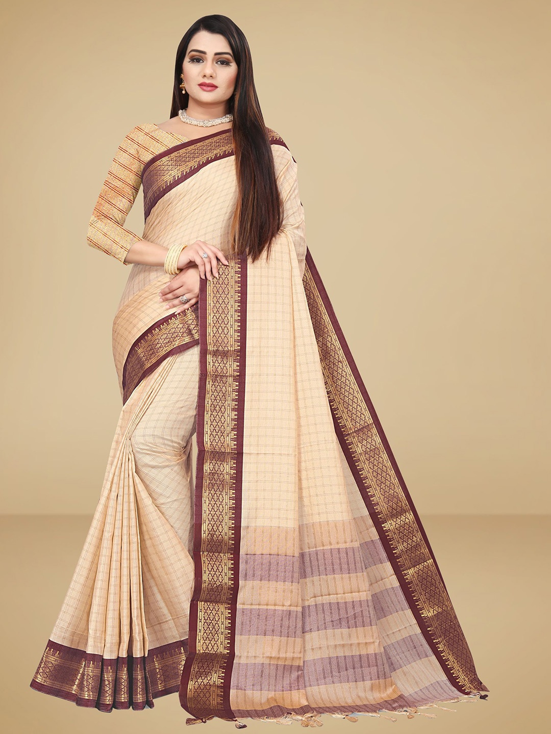 

VAIRAGEE Cream-Coloured & Brown Checked Zari Silk Blend Saree