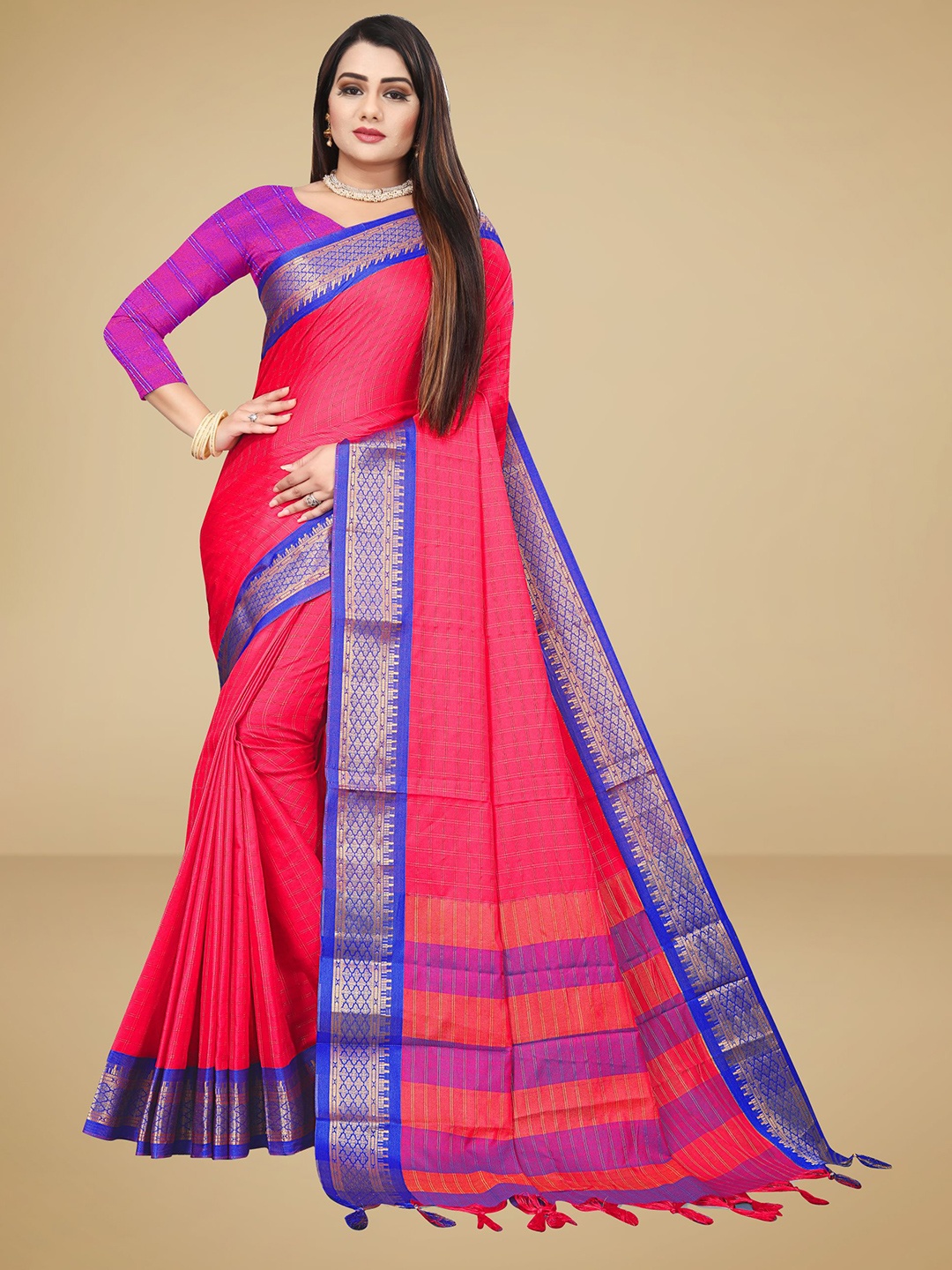 

VAIRAGEE Pink & Blue Checked Zari Silk Blend Saree