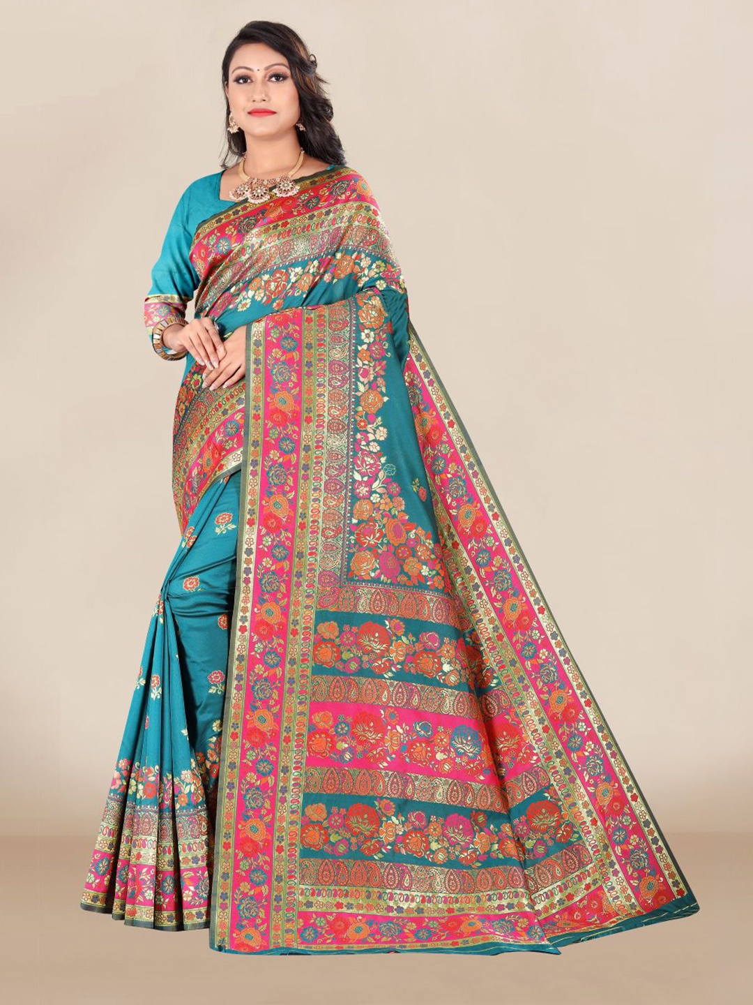 

VAIRAGEE Blue & Pink Floral Silk Blend Banarasi Saree