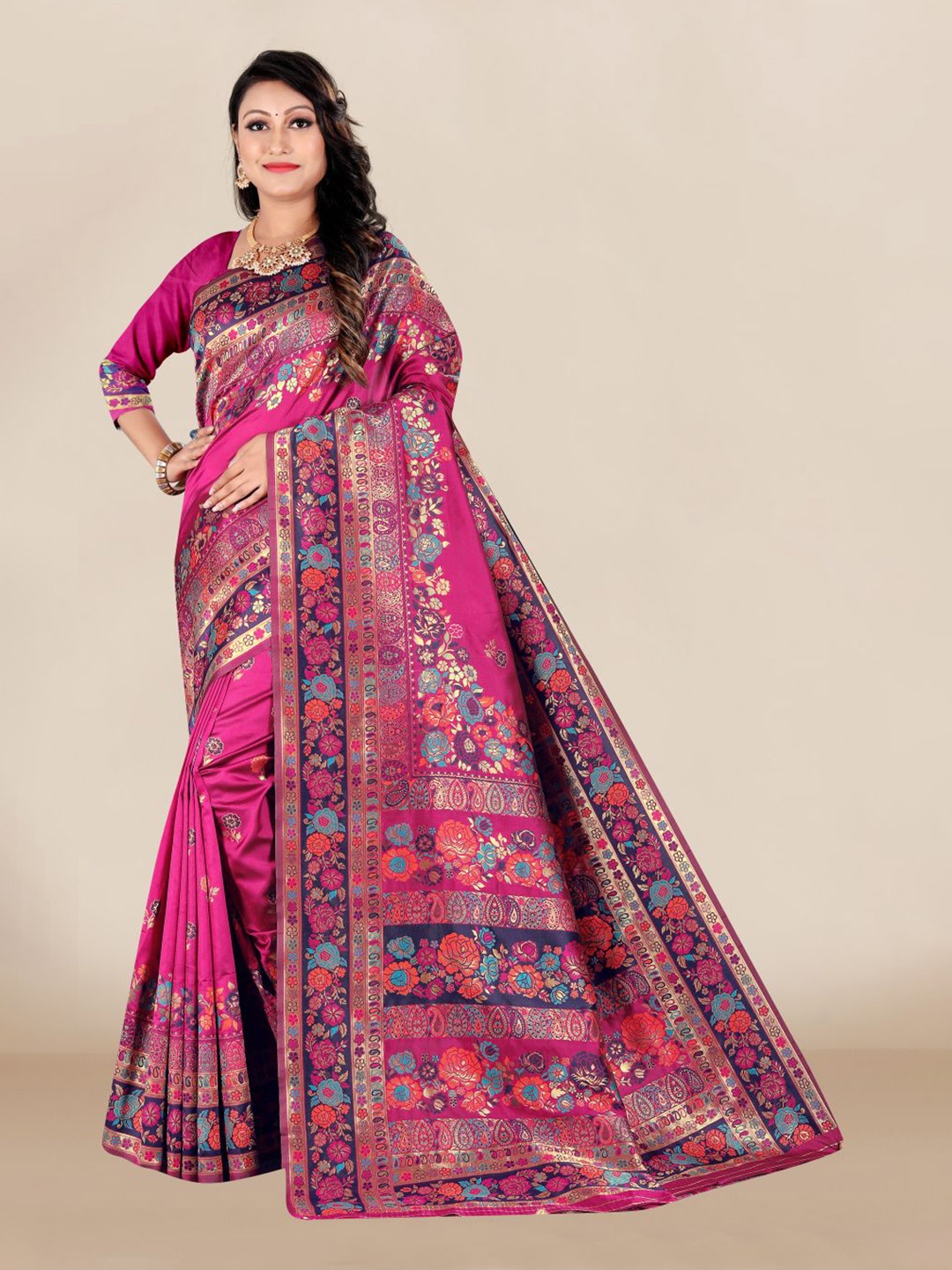 

VAIRAGEE Pink & Navy Blue Floral Zari Banarasi Saree