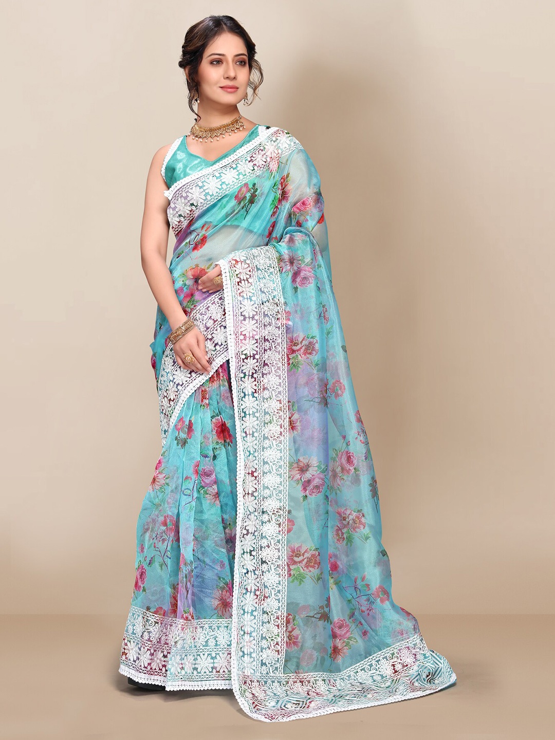 

VAIRAGEE Blue & Pink Floral Organza Saree