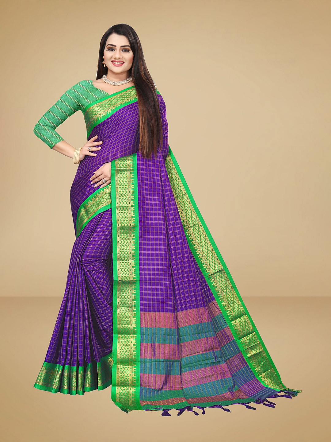 

VAIRAGEE Purple & Green Checked Zari Silk Blend Saree