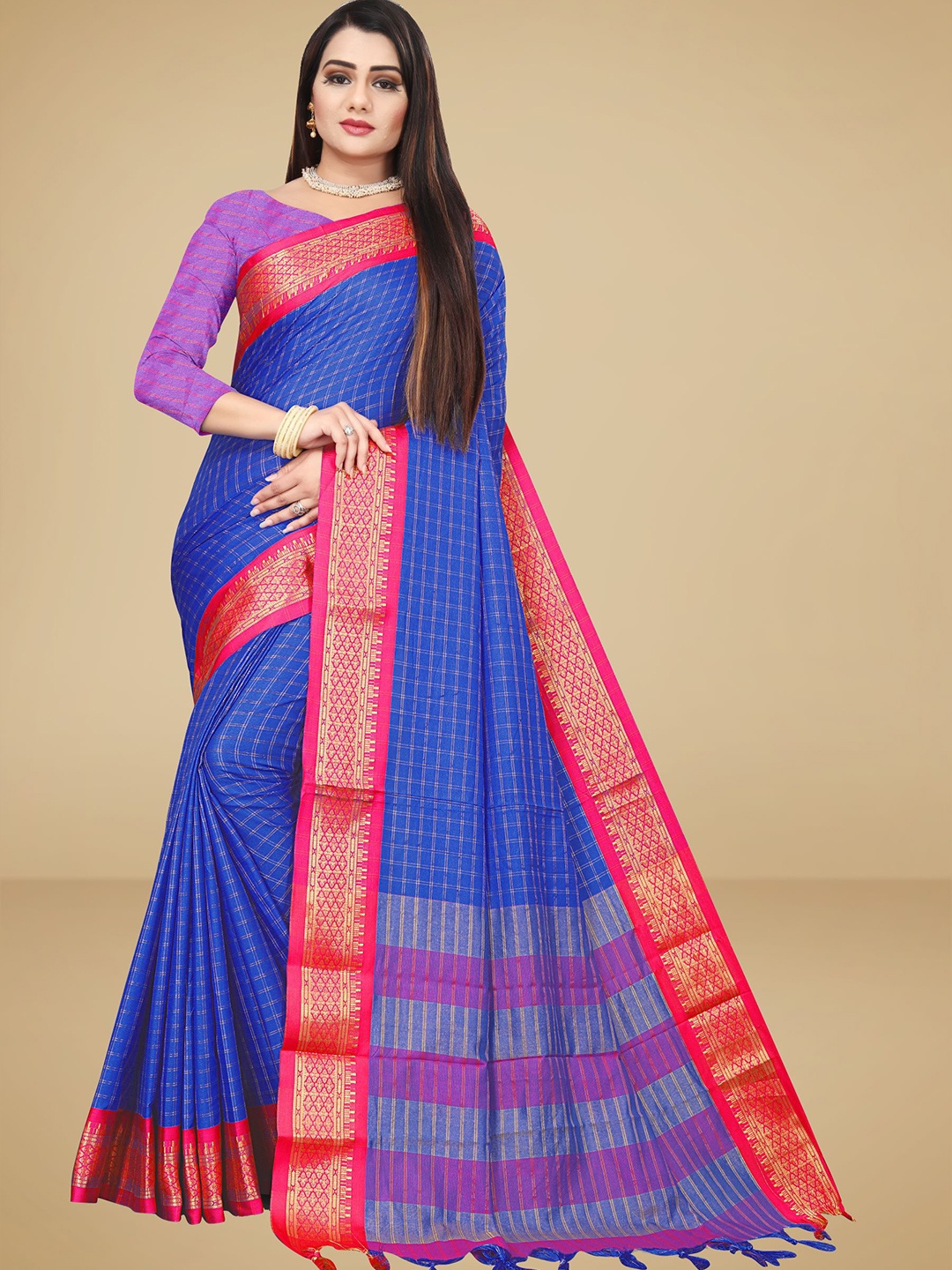 

VAIRAGEE Blue & Red Checked Silk Blend Zari Saree