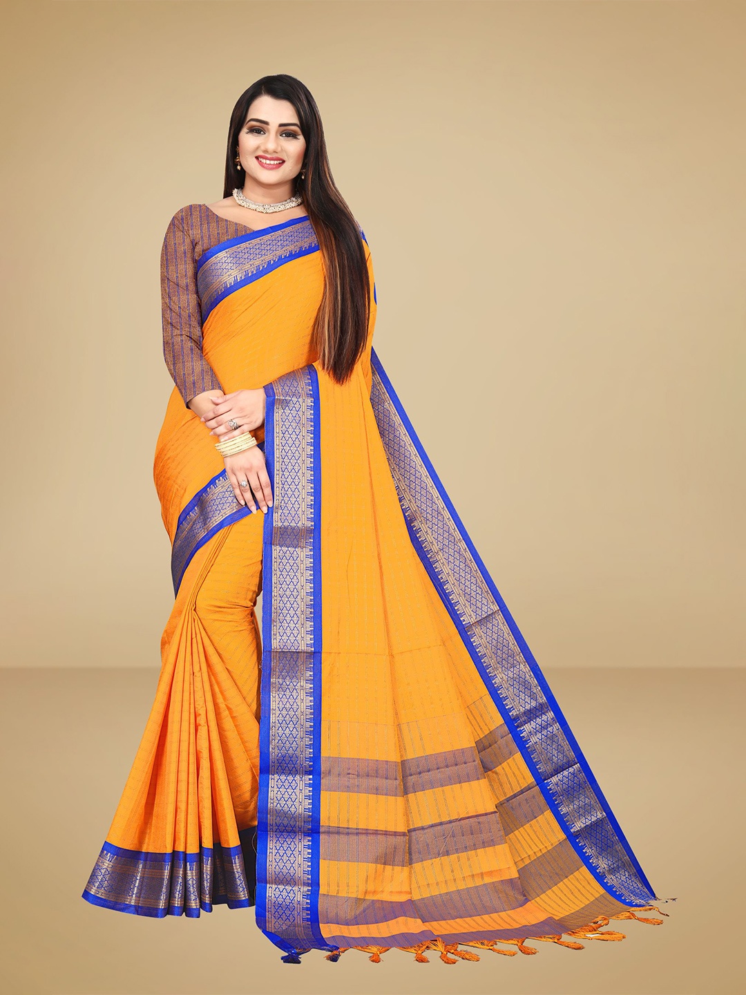 

VAIRAGEE Orange & Blue Striped Zari Silk Blend Saree