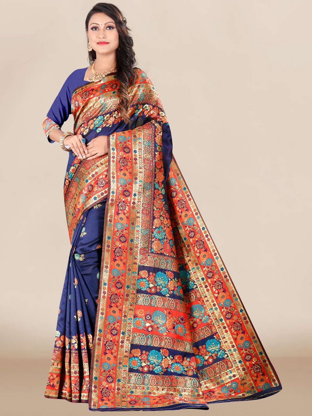 

VAIRAGEE Navy Blue & Red Floral Zari Silk Blend Banarasi Saree