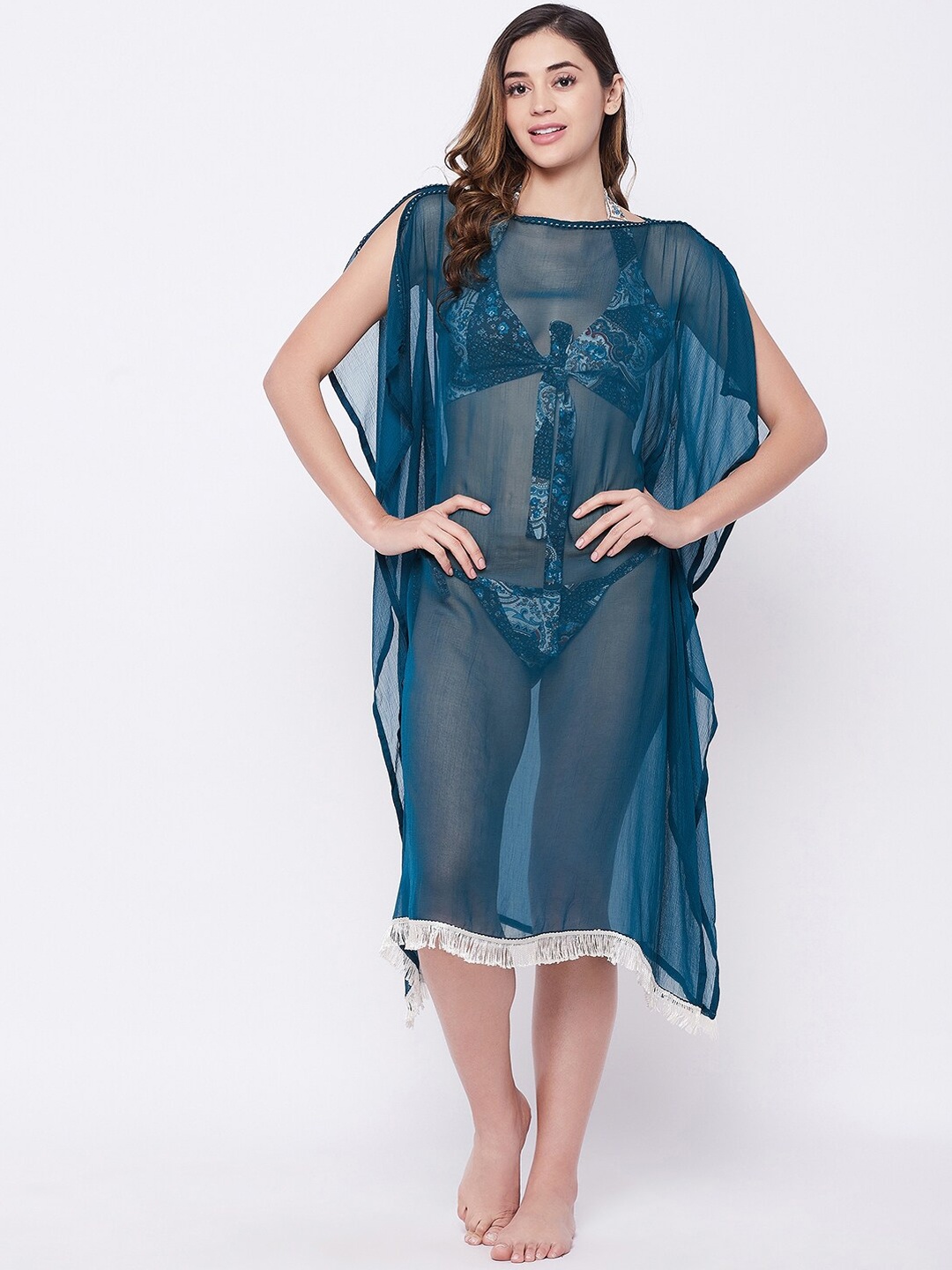 

SECRETS BY ZEROKAATA Women Blue Sheer Kimono Style Fringe Cover Up Dress