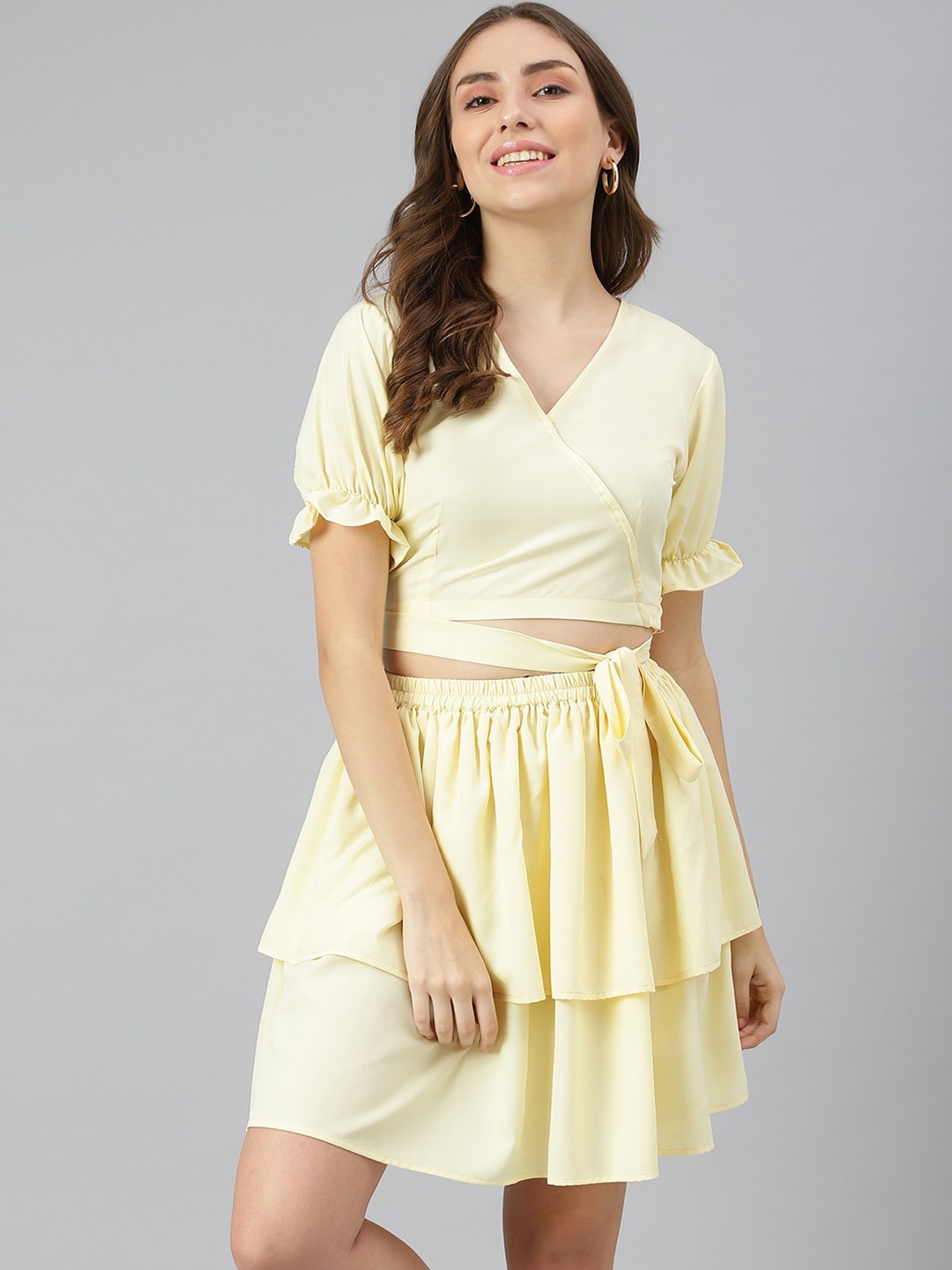 

Lagashi Women Yellow Solid Crop-Top & Skirt Co-Ords