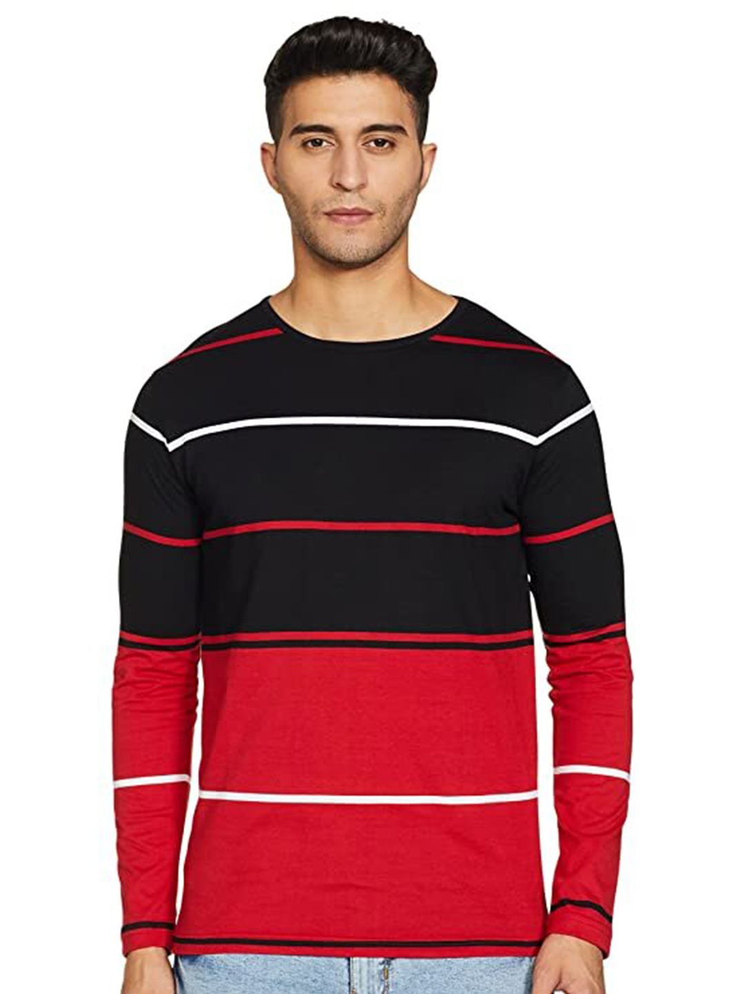 

Seven Rocks Men Red & Black Striped Cotton T-shirt