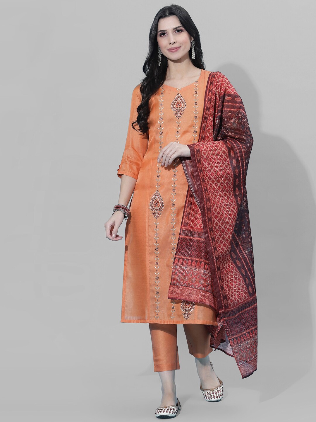 

SKYLEE Women Orange & Red Ethnic Motifs Embroidered Kurta with Trousers & With Dupatta